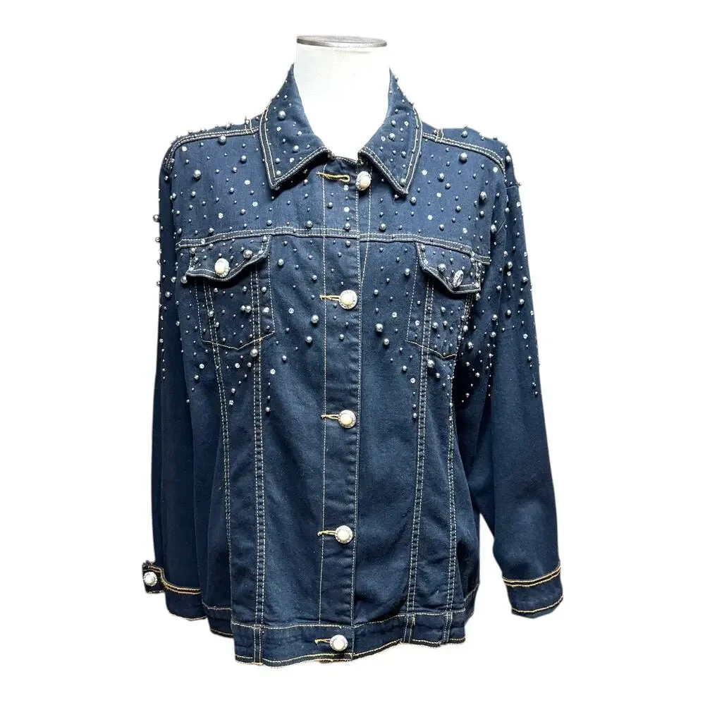 The Quacker Factory Rhinestone Pearl Studded Denim Jean Jacket Blue Large